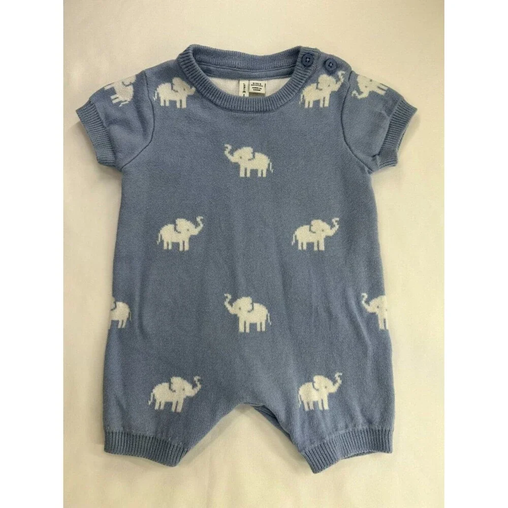 Janie and Jack Baby Boy 0-3M Light Blue Elephant Romper Preppy Heirloom